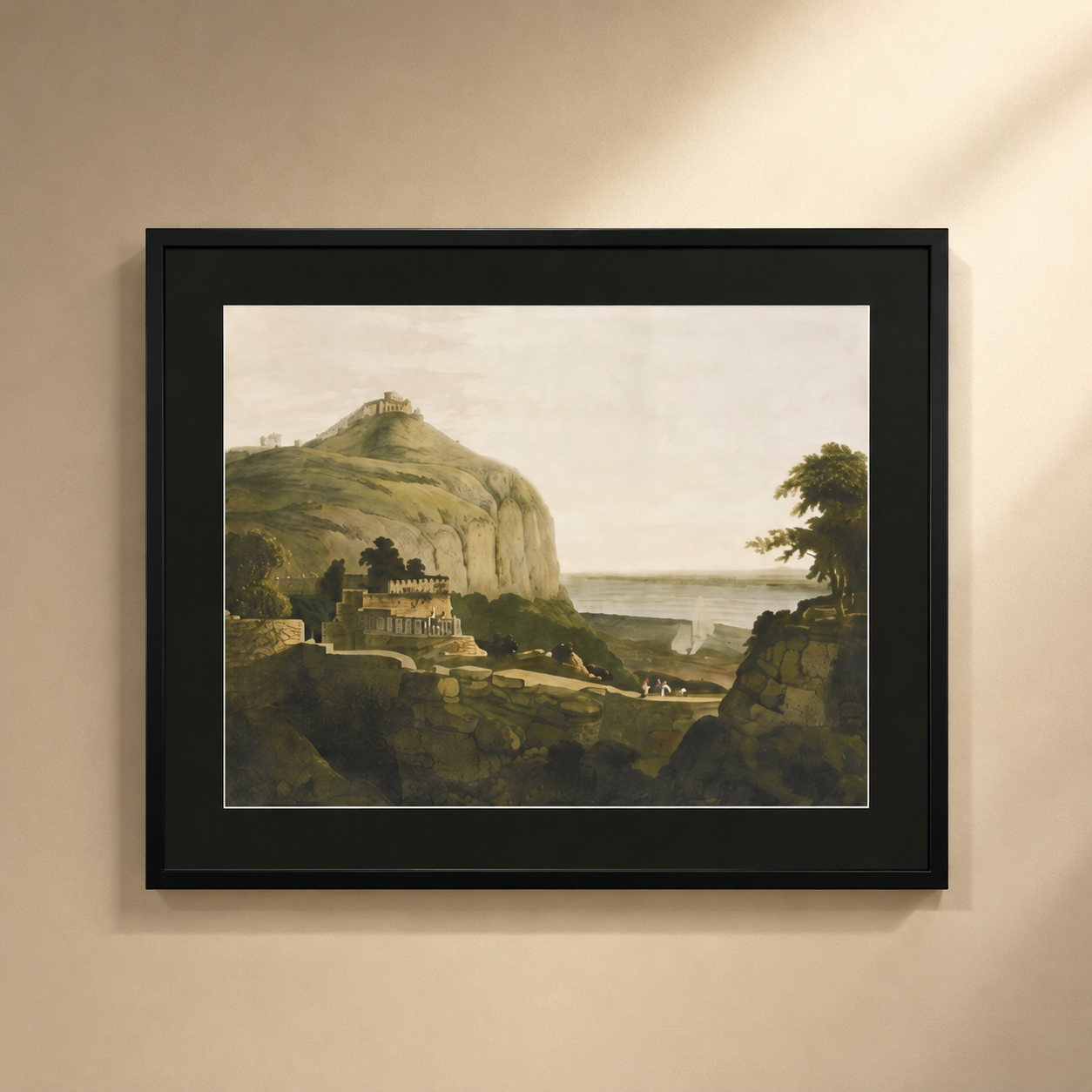 Oriental Landscape Art Print on Canvas – Black Box Frame with Black Mount, 38 × 30 in