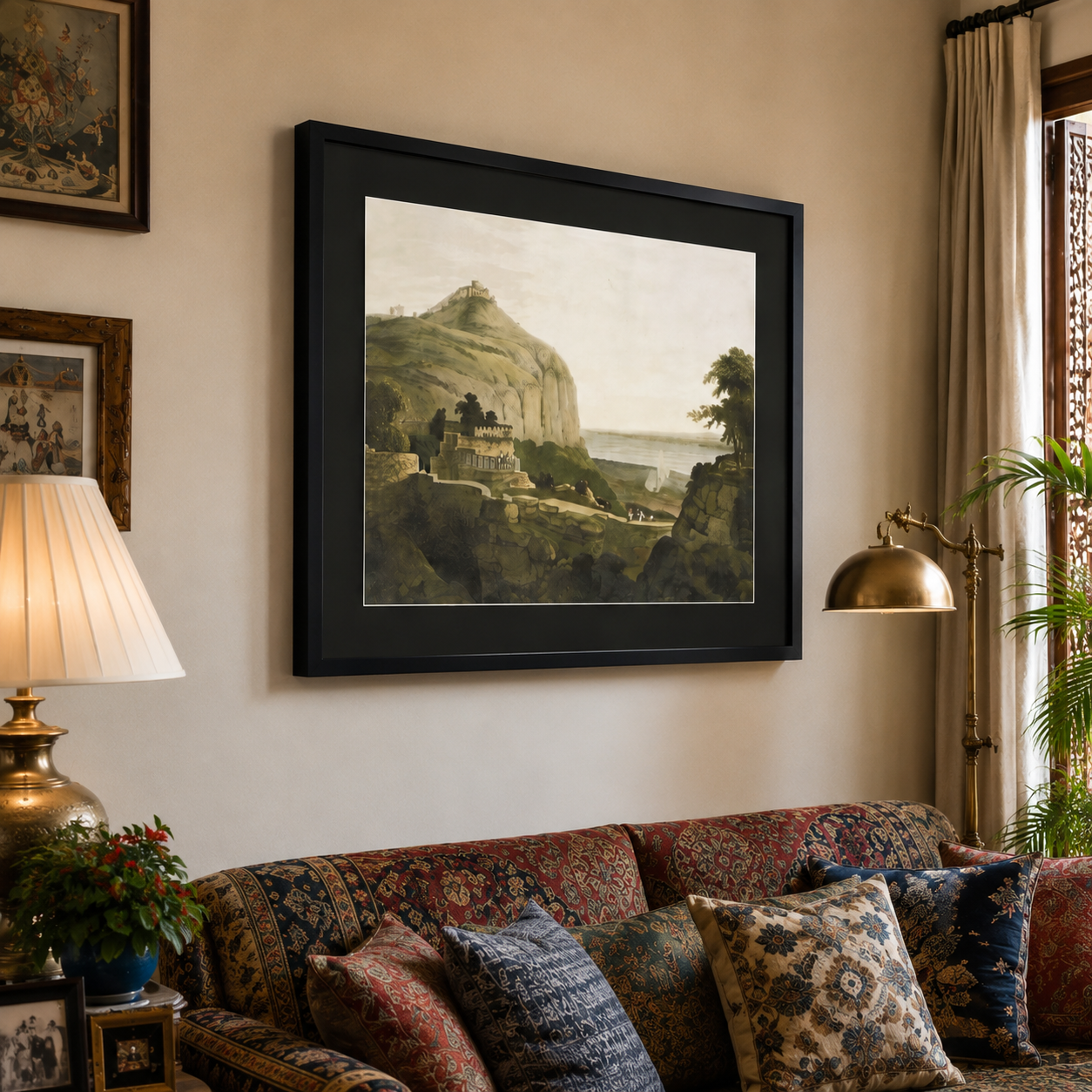 Oriental Landscape Art Print on Canvas – Black Box Frame with Black Mount, 38 × 30 in