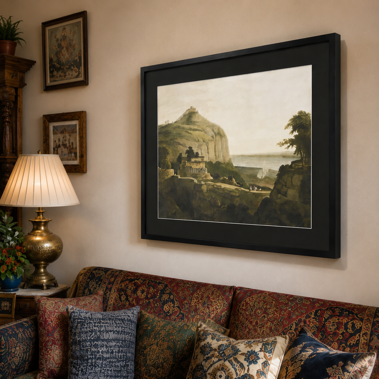 Oriental Landscape Art Print on Canvas – Black Box Frame with Black Mount, 38 × 30 in