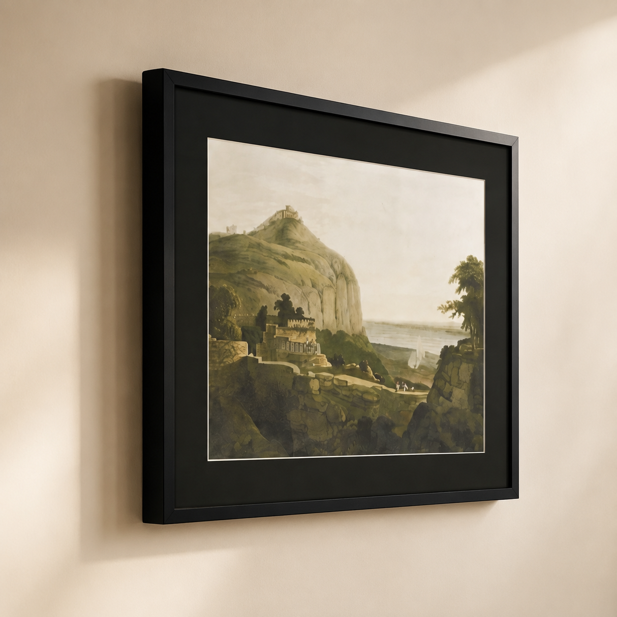 Oriental Landscape Art Print on Canvas – Black Box Frame with Black Mount, 38 × 30 in