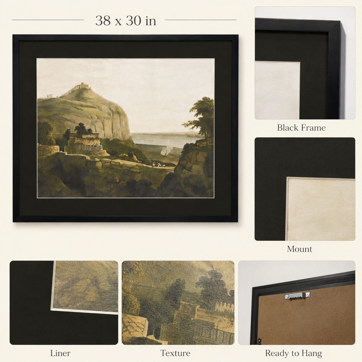 Oriental Landscape Art Print on Canvas – Black Box Frame with Black Mount, 38 × 30 in