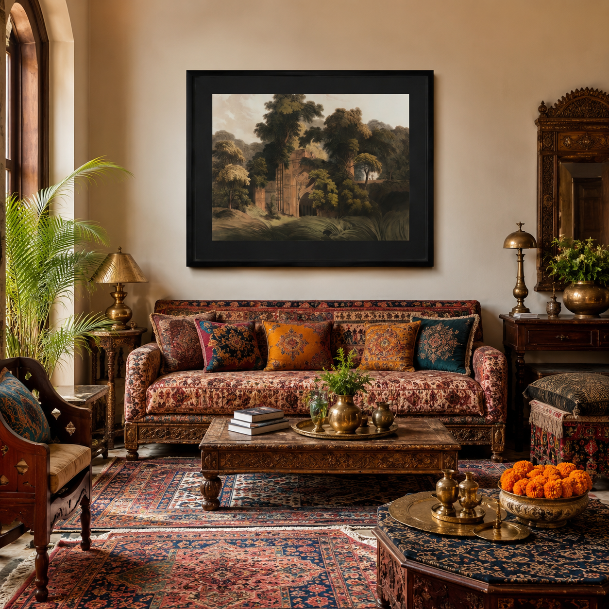 Oriental Landscape Art Print on Canvas – Black Box Frame with Black Mount, 38 × 30 in