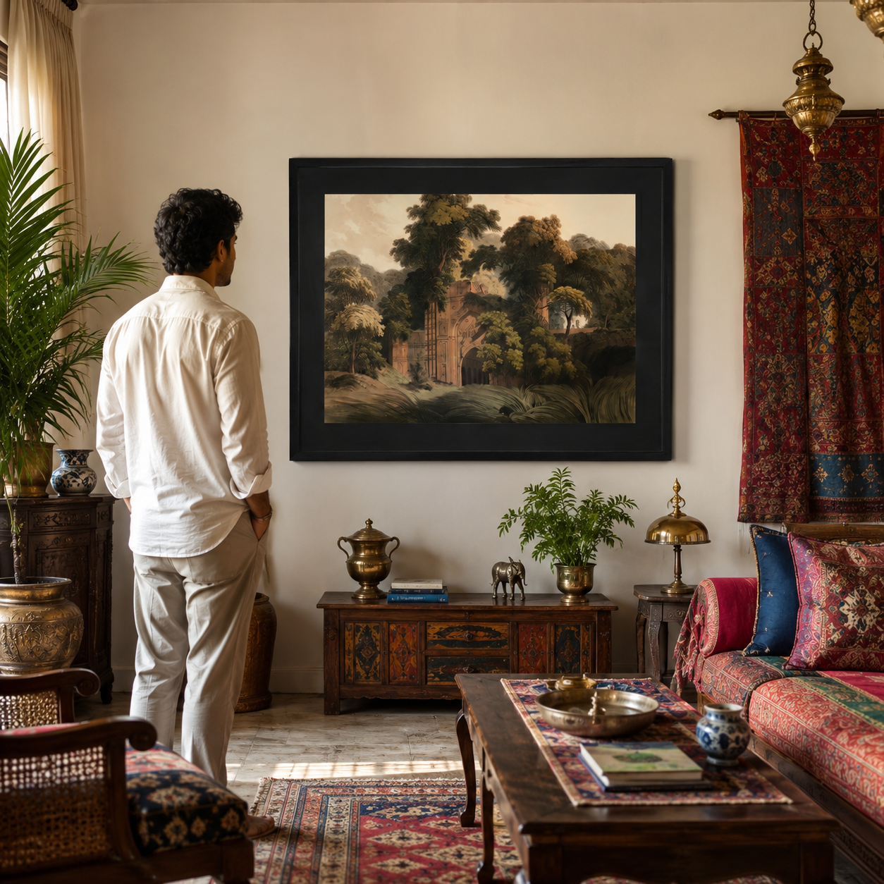 Oriental Landscape Art Print on Canvas – Black Box Frame with Black Mount, 38 × 30 in