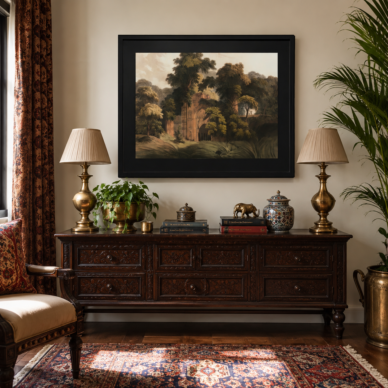 Oriental Landscape Art Print on Canvas – Black Box Frame with Black Mount, 38 × 30 in
