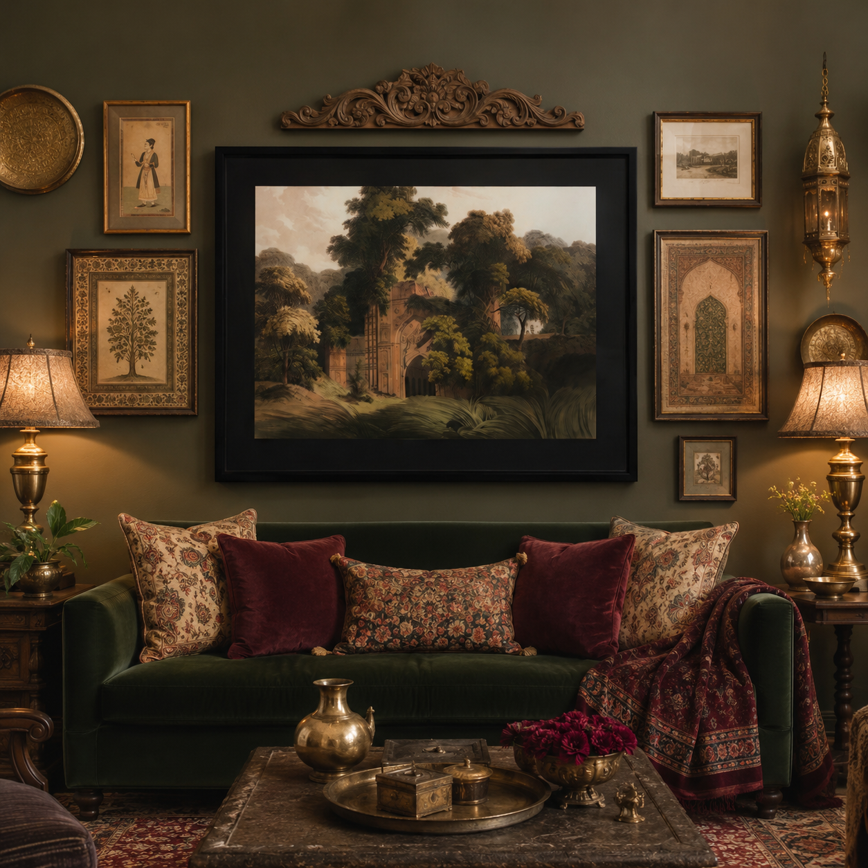 Oriental Landscape Art Print on Canvas – Black Box Frame with Black Mount, 38 × 30 in