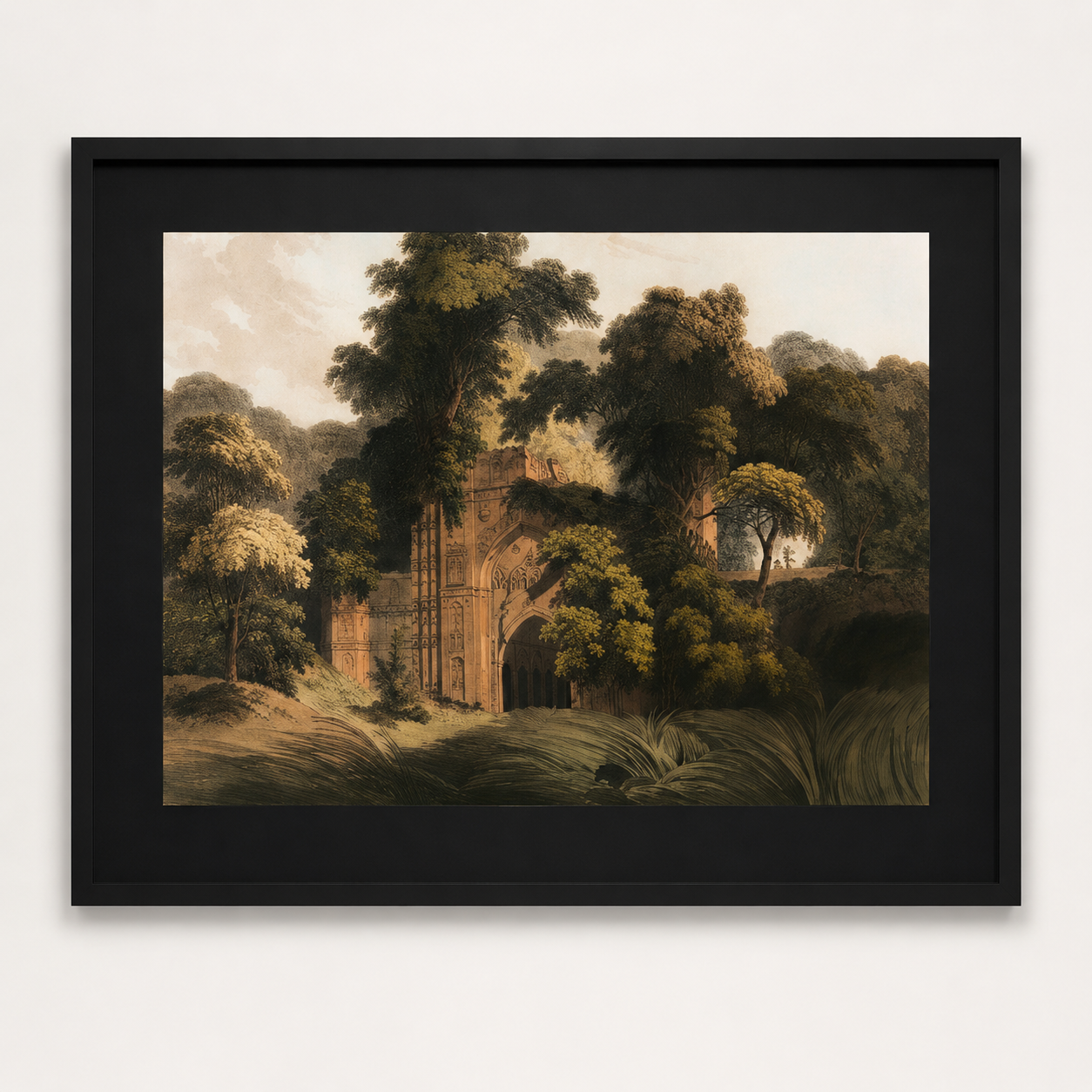 Oriental Landscape Art Print on Canvas – Black Box Frame with Black Mount, 38 × 30 in