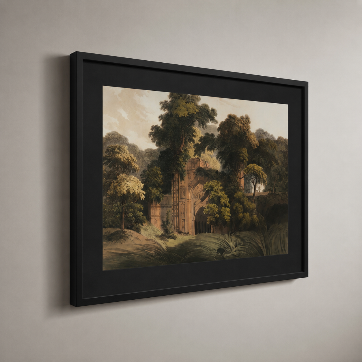 Oriental Landscape Art Print on Canvas – Black Box Frame with Black Mount, 38 × 30 in