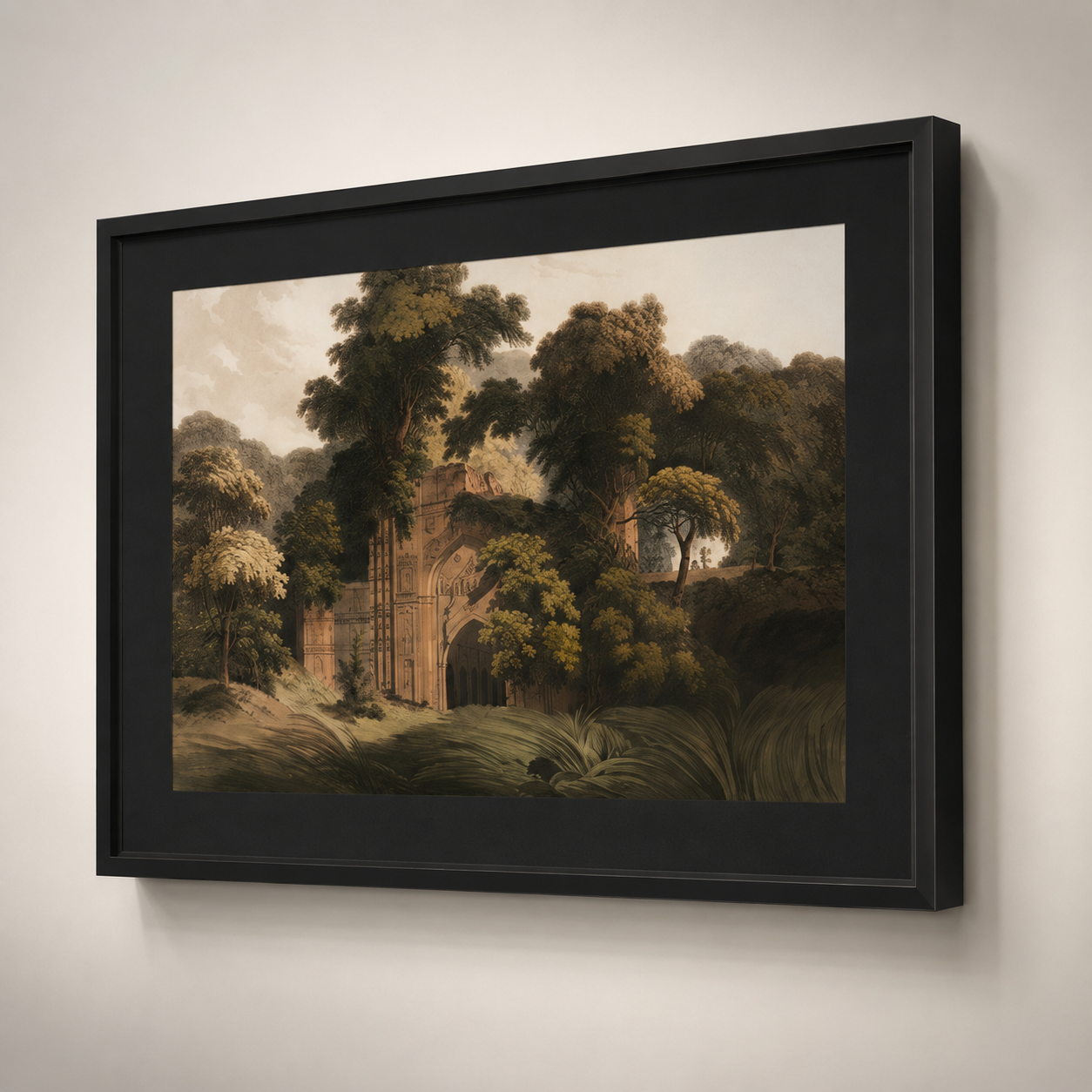 Oriental Landscape Art Print on Canvas – Black Box Frame with Black Mount, 38 × 30 in