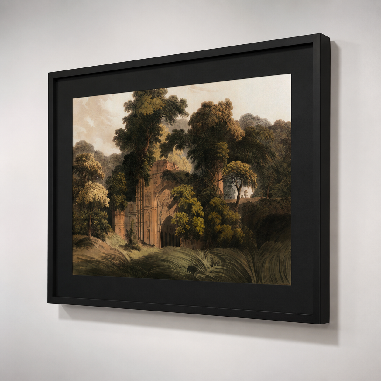 Oriental Landscape Art Print on Canvas – Black Box Frame with Black Mount, 38 × 30 in
