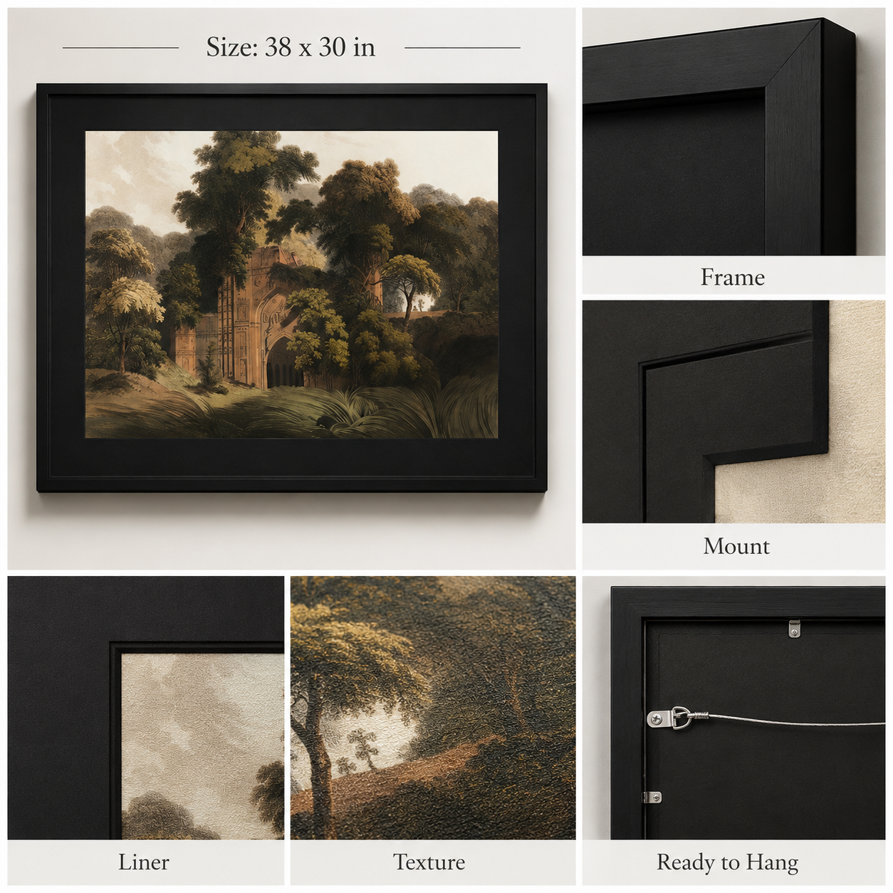 Oriental Landscape Art Print on Canvas – Black Box Frame with Black Mount, 38 × 30 in