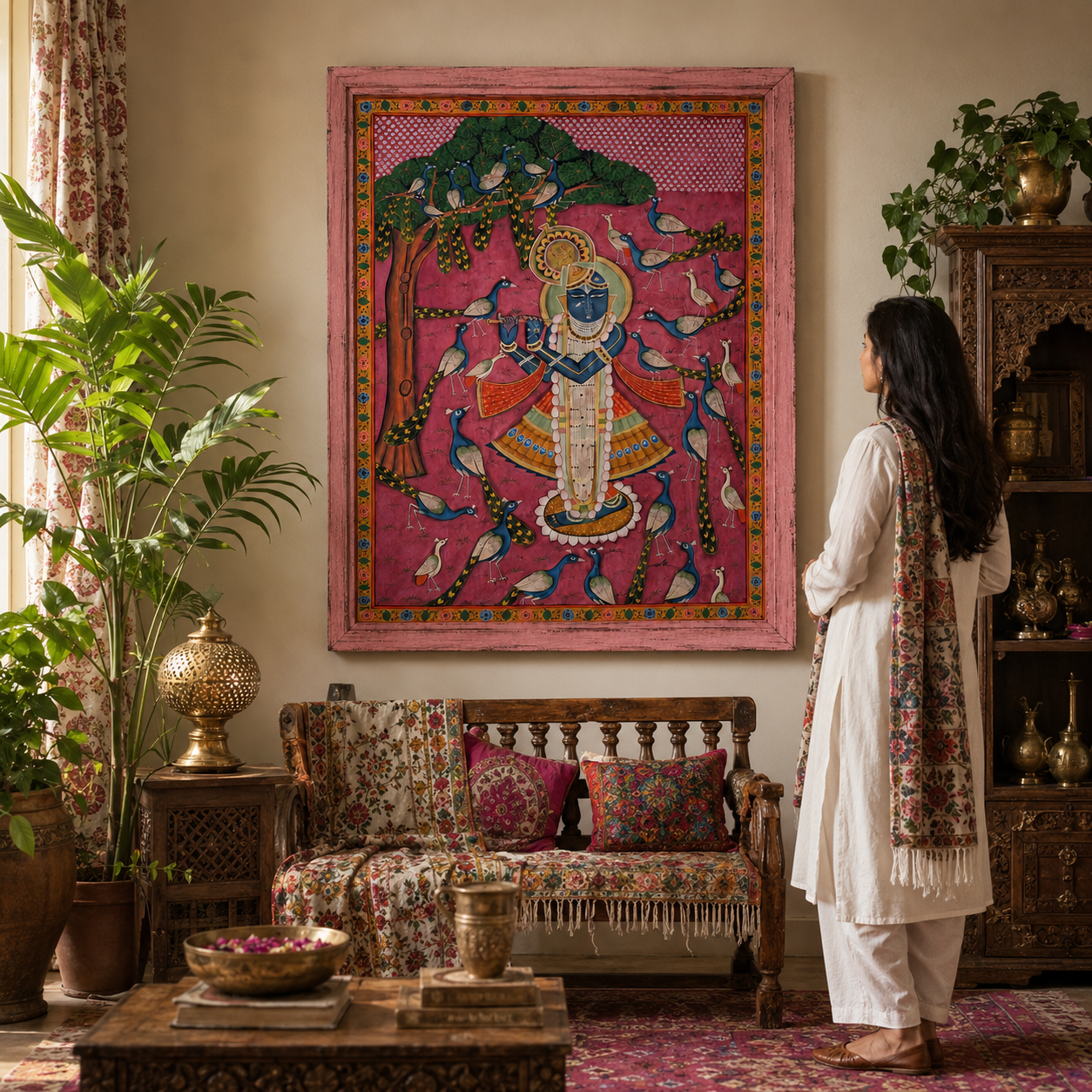 Sri Nath Ji Bhagwan Art Print on Canvas – Distressed Pink Wooden Frame, 48 × 60 in
