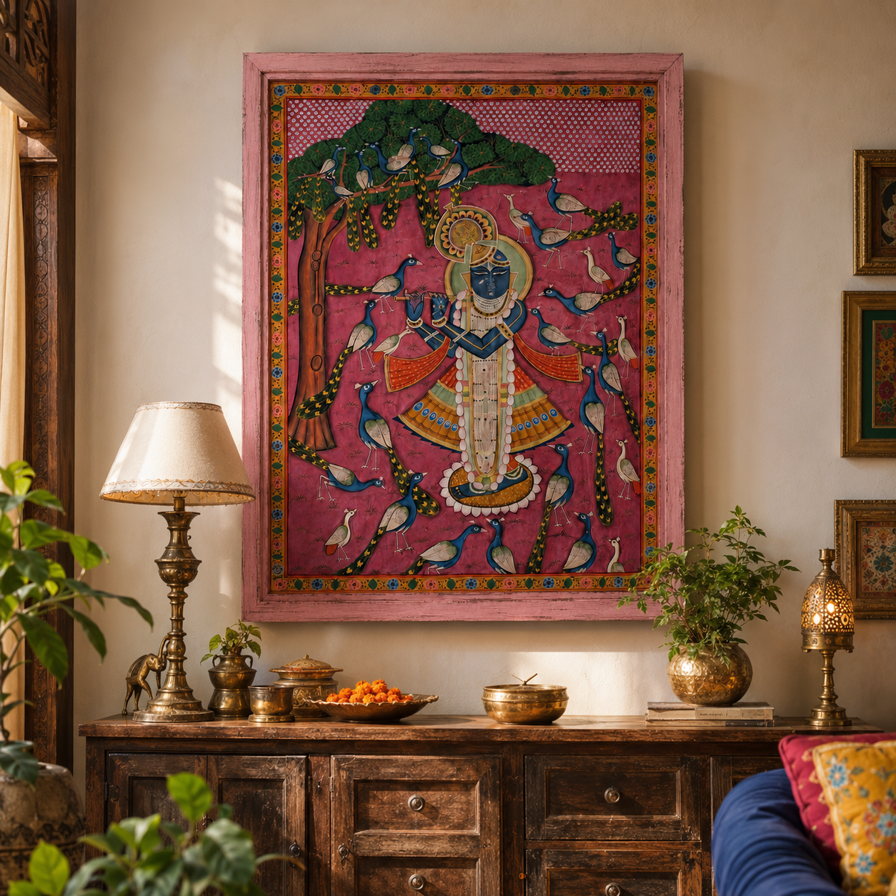 Sri Nath Ji Bhagwan Art Print on Canvas – Distressed Pink Wooden Frame, 48 × 60 in