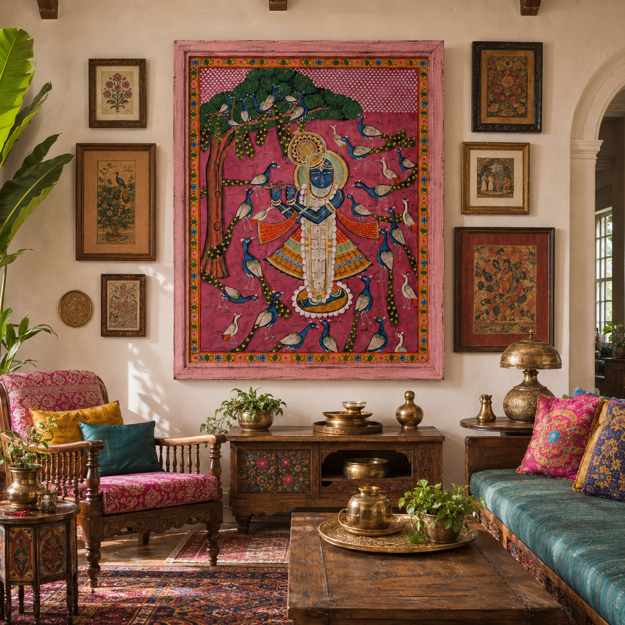 Sri Nath Ji Bhagwan Art Print on Canvas – Distressed Pink Wooden Frame, 48 × 60 in