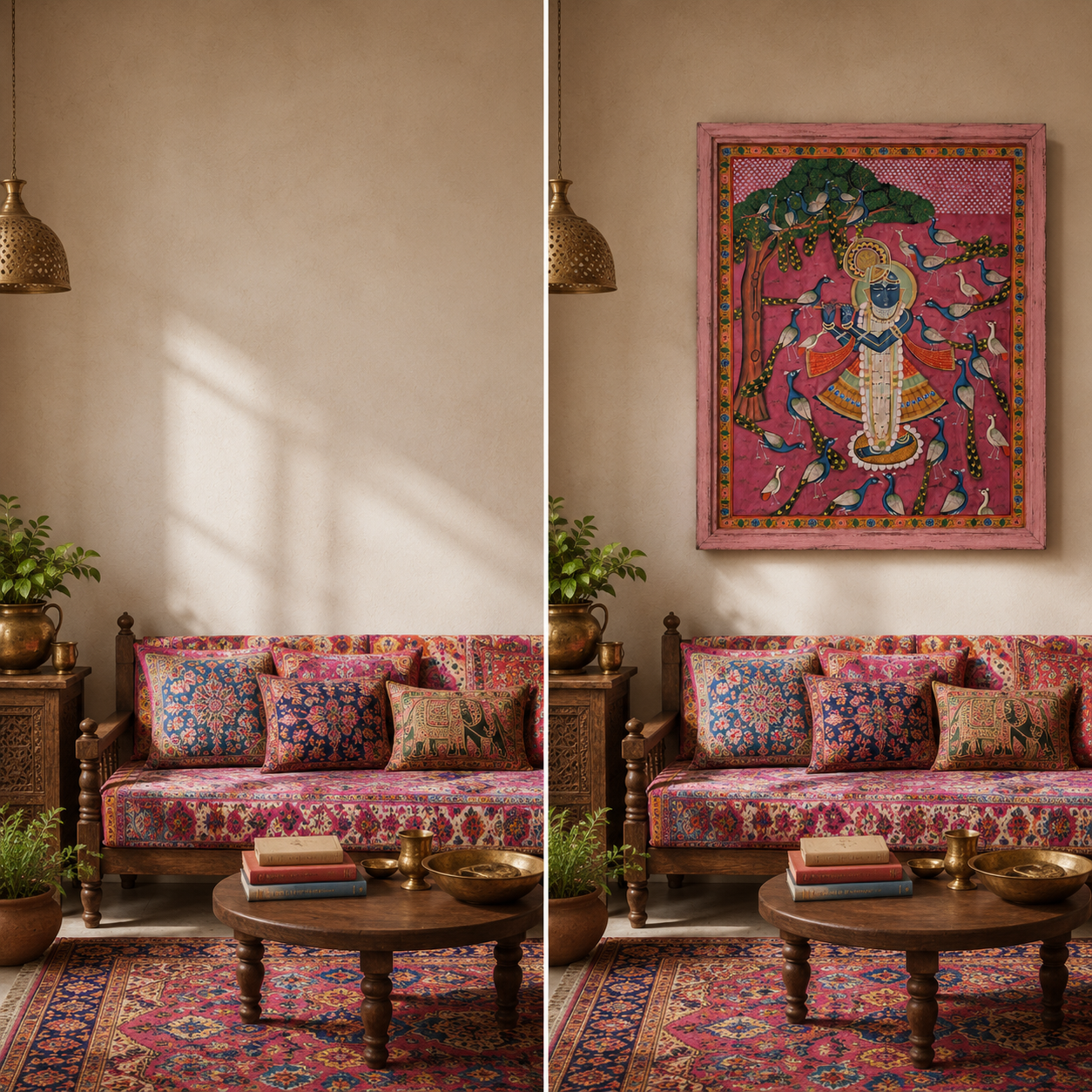 Sri Nath Ji Bhagwan Art Print on Canvas – Distressed Pink Wooden Frame, 48 × 60 in