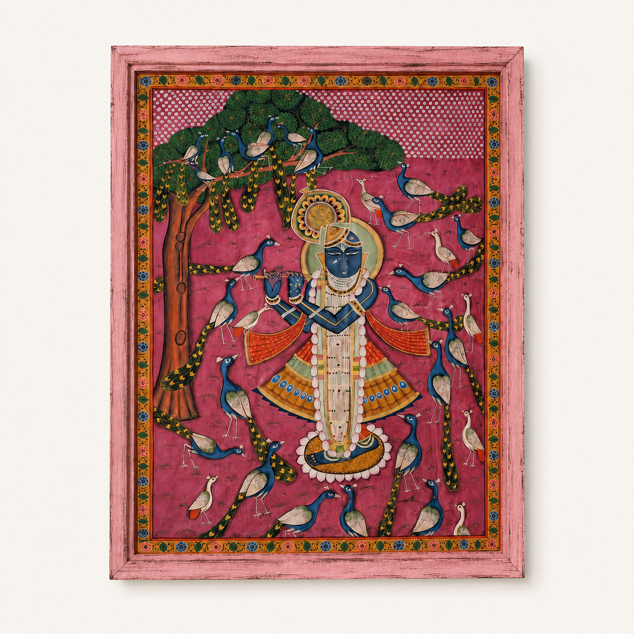 Sri Nath Ji Bhagwan Art Print on Canvas – Distressed Pink Wooden Frame, 48 × 60 in