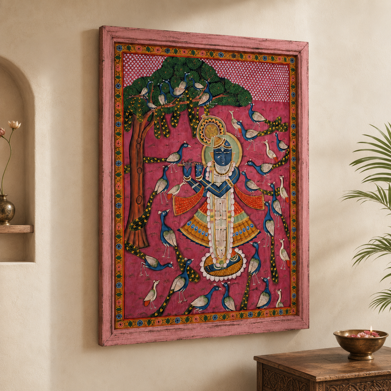 Sri Nath Ji Bhagwan Art Print on Canvas – Distressed Pink Wooden Frame, 48 × 60 in