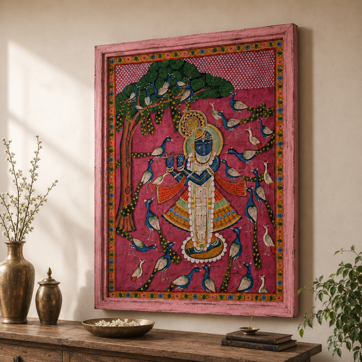 Sri Nath Ji Bhagwan Art Print on Canvas – Distressed Pink Wooden Frame, 48 × 60 in