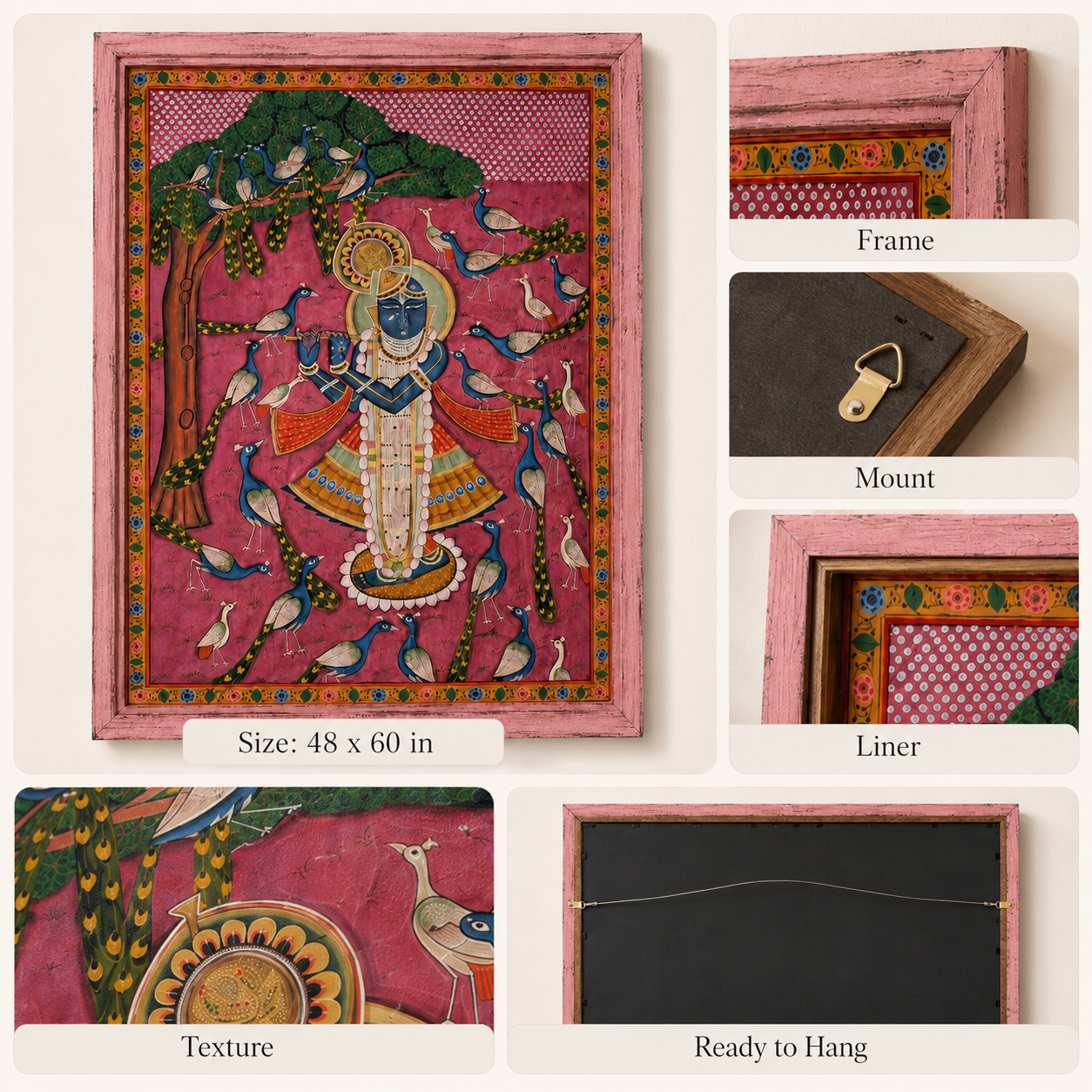 Sri Nath Ji Bhagwan Art Print on Canvas – Distressed Pink Wooden Frame, 48 × 60 in