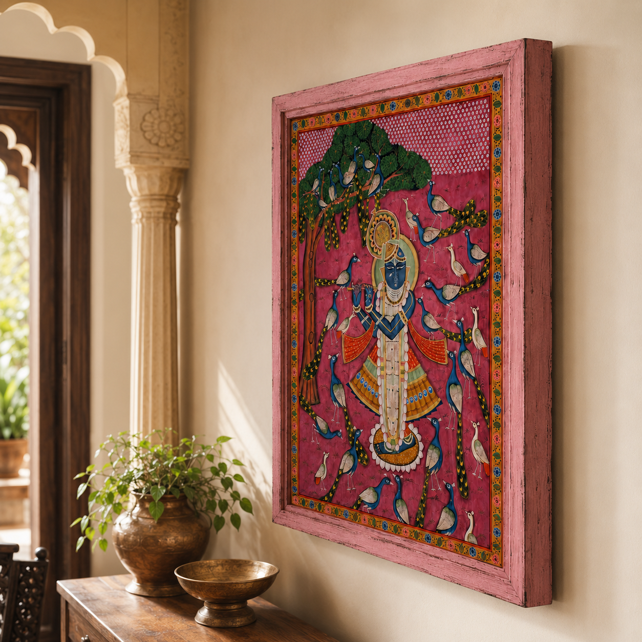 Sri Nath Ji Bhagwan Art Print on Canvas – Distressed Pink Wooden Frame, 48 × 60 in