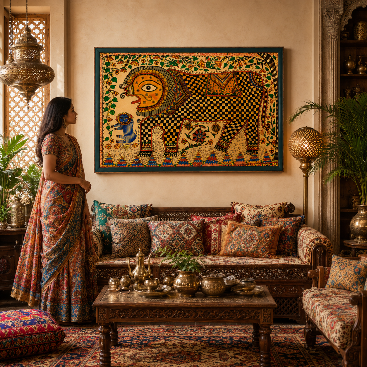 Traditional Madhubani Elephant Art Print on Canvas – Royal Green Frame w Teak Wood, 48 × 32 in [OBJ260047]