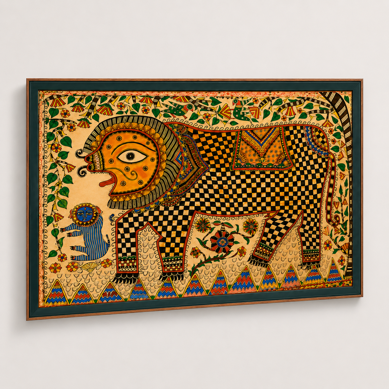 Traditional Madhubani Elephant Art Print on Canvas – Royal Green Frame w Teak Wood, 48 × 32 in [OBJ260047]