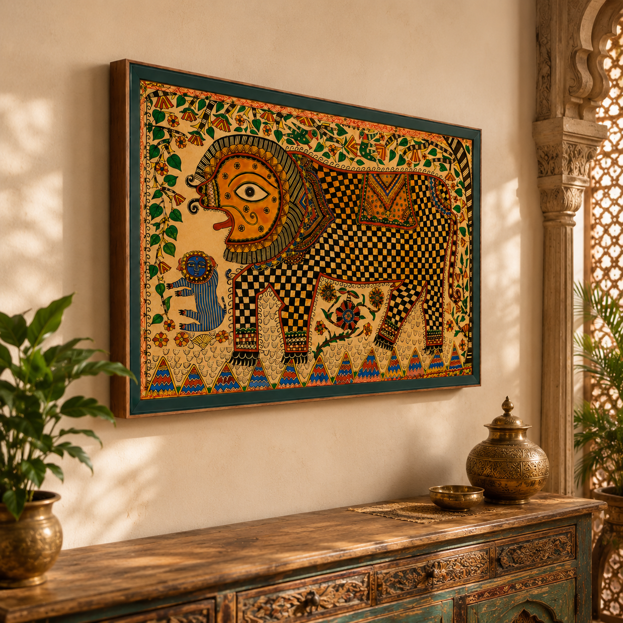 Traditional Madhubani Elephant Art Print on Canvas – Royal Green Frame w Teak Wood, 48 × 32 in [OBJ260047]