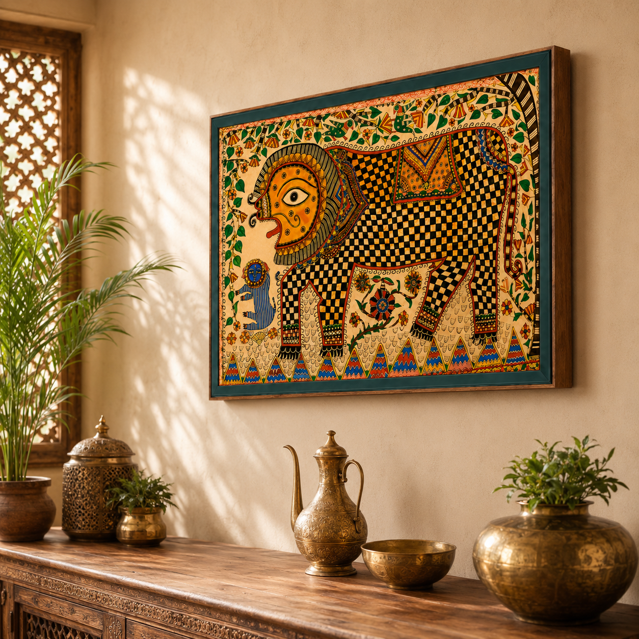 Traditional Madhubani Elephant Art Print on Canvas – Royal Green Frame w Teak Wood, 48 × 32 in [OBJ260047]