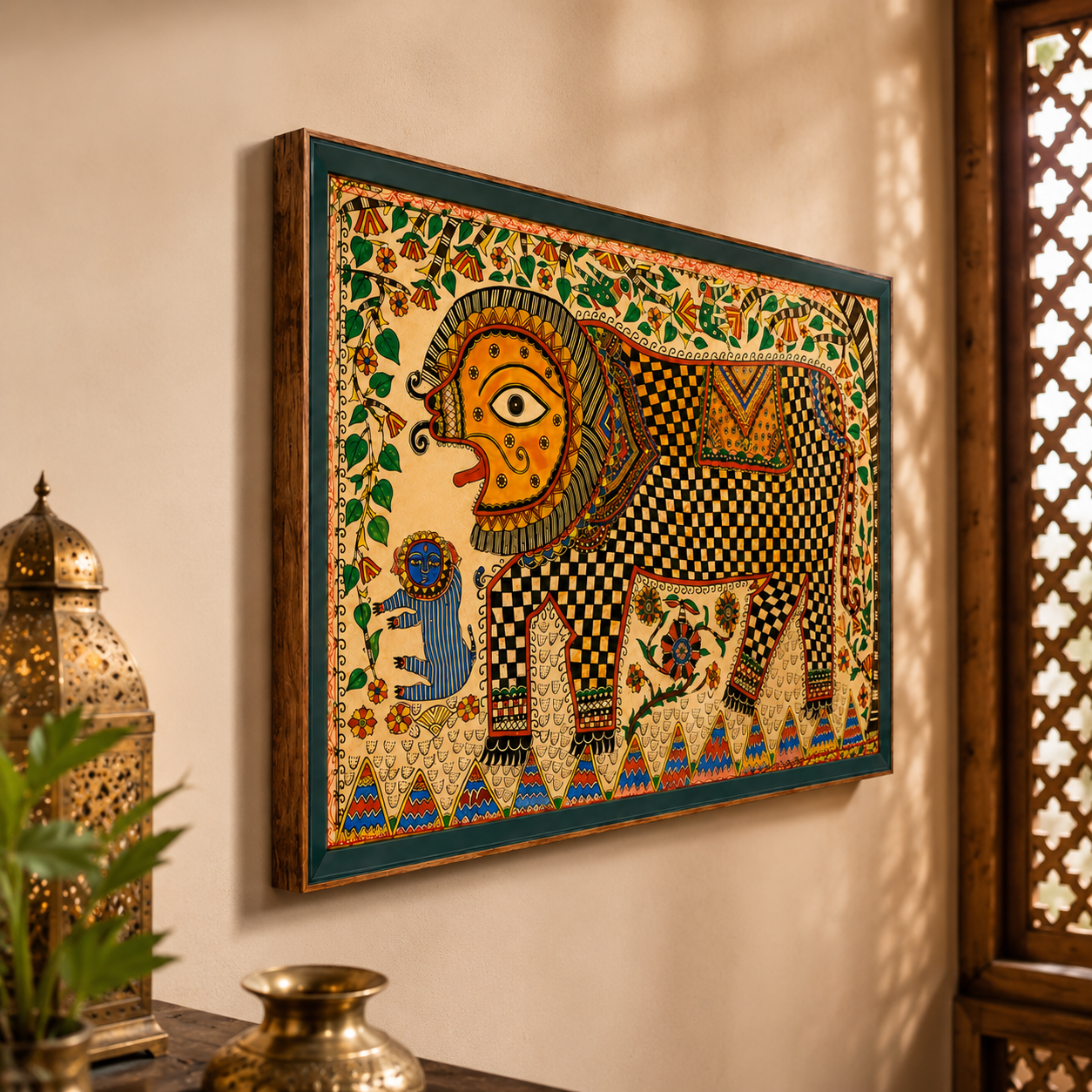 Traditional Madhubani Elephant Art Print on Canvas – Royal Green Frame w Teak Wood, 48 × 32 in [OBJ260047]