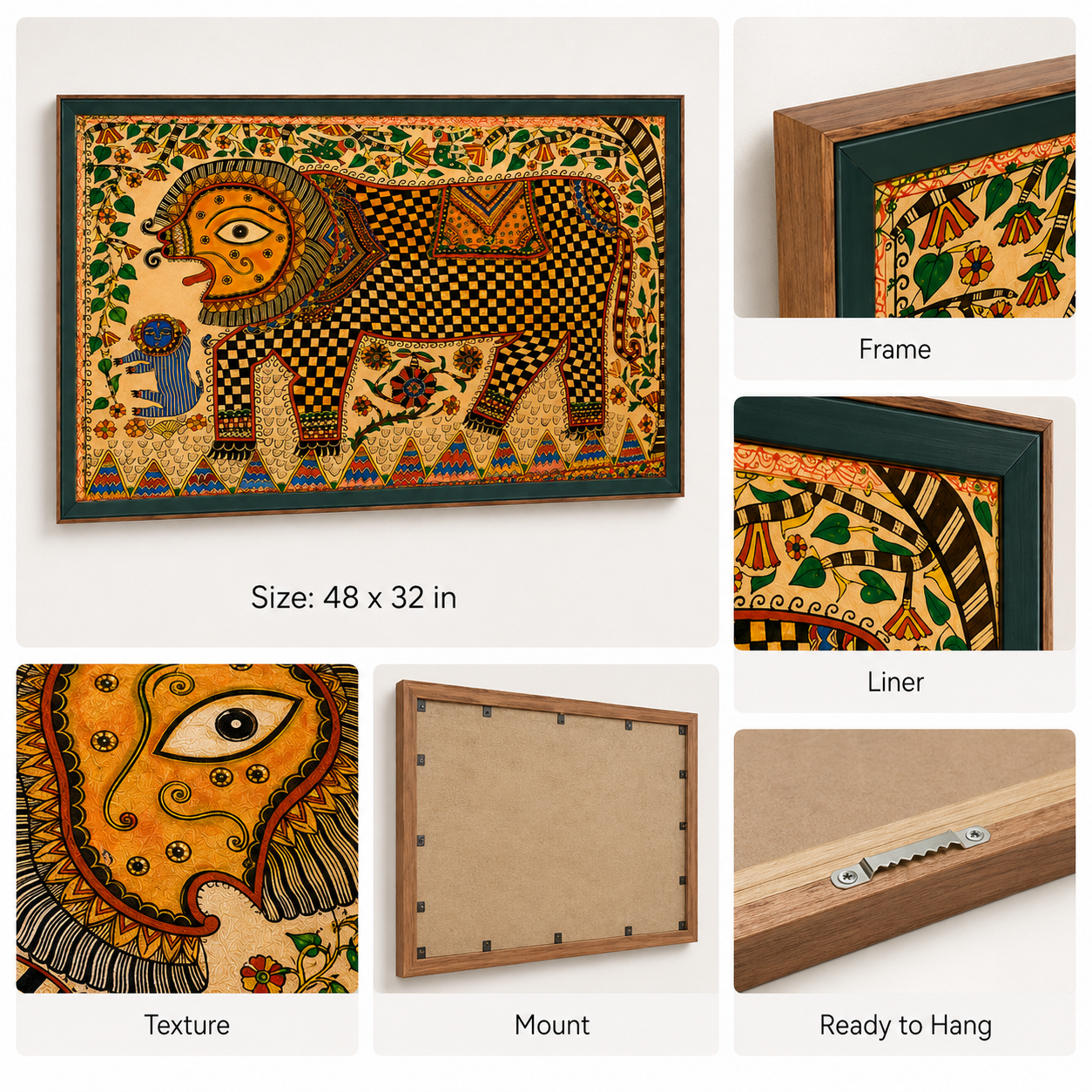 Traditional Madhubani Elephant Art Print on Canvas – Royal Green Frame w Teak Wood, 48 × 32 in [OBJ260047]