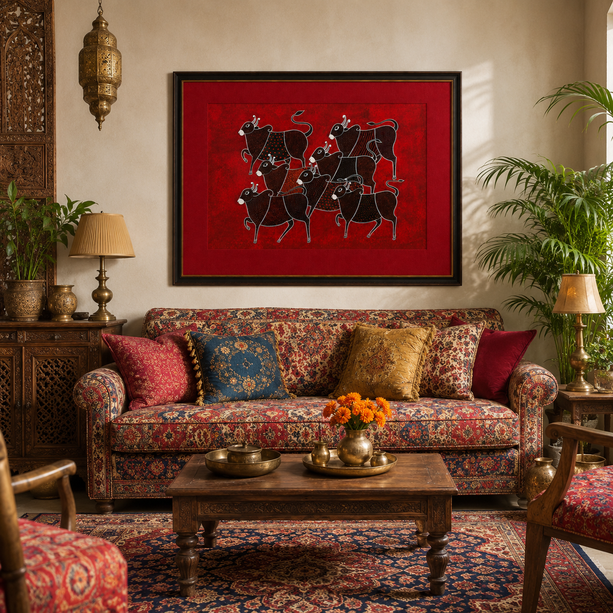Tribal Cattle Folk Art Print on Canvas – Black Frame with Gold Liner & Red Mount, 28 × 40 in [OBJ260050]