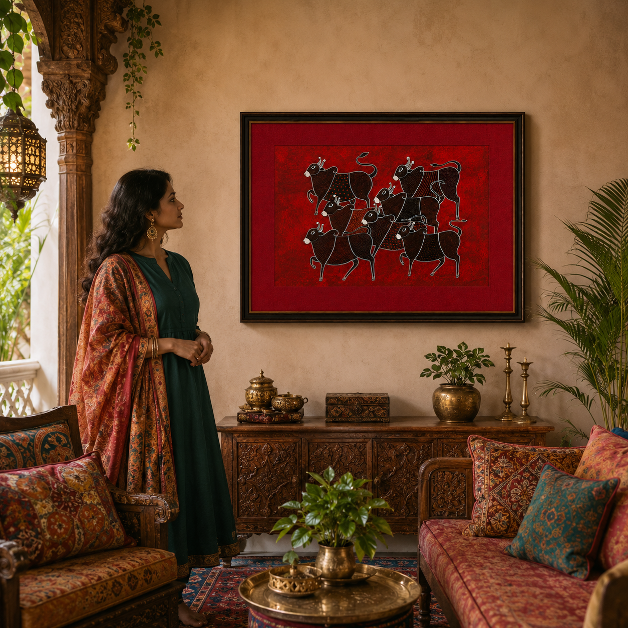 Tribal Cattle Folk Art Print on Canvas – Black Frame with Gold Liner & Red Mount, 28 × 40 in [OBJ260050]
