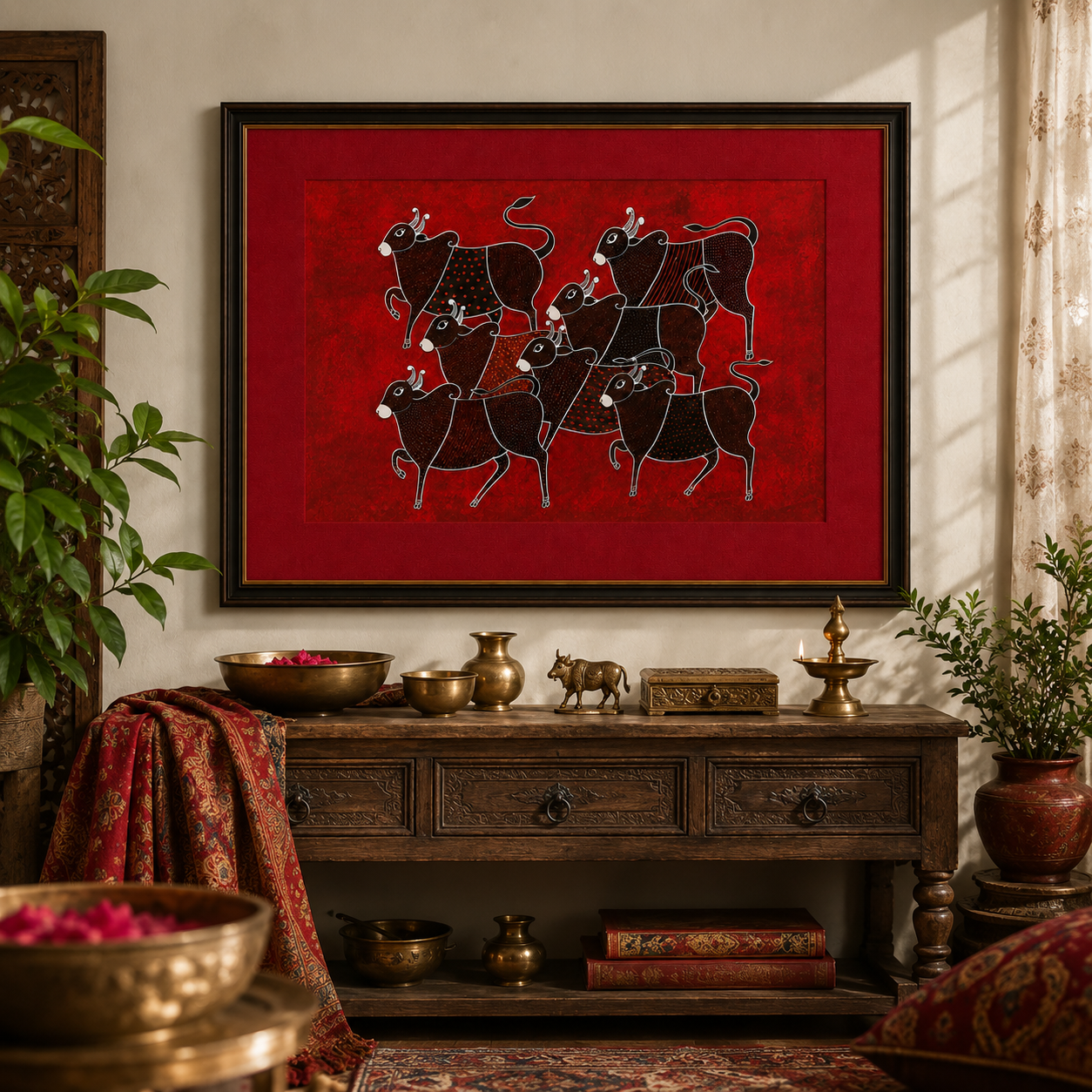 Tribal Cattle Folk Art Print on Canvas – Black Frame with Gold Liner & Red Mount, 28 × 40 in [OBJ260050]