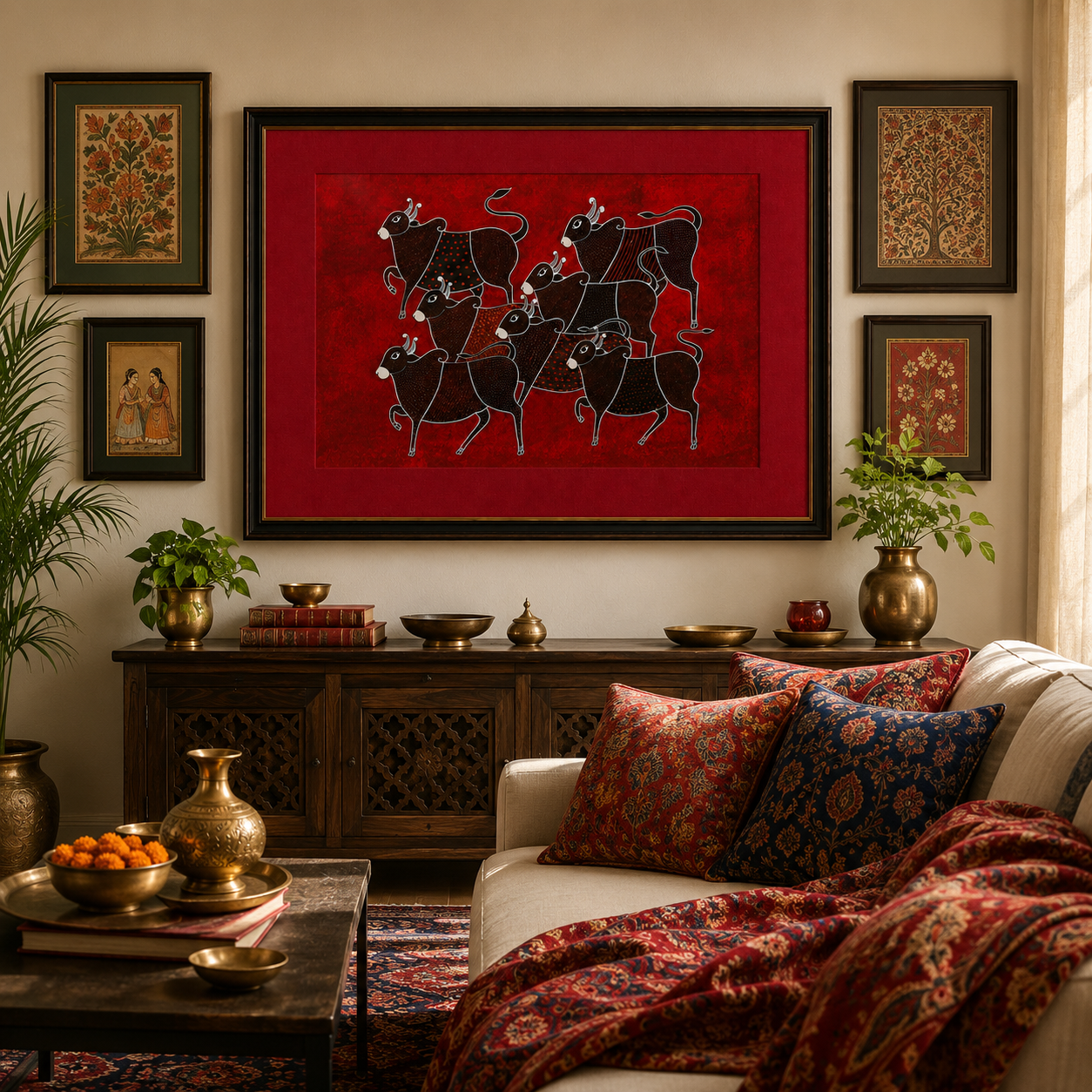 Tribal Cattle Folk Art Print on Canvas – Black Frame with Gold Liner & Red Mount, 28 × 40 in [OBJ260050]