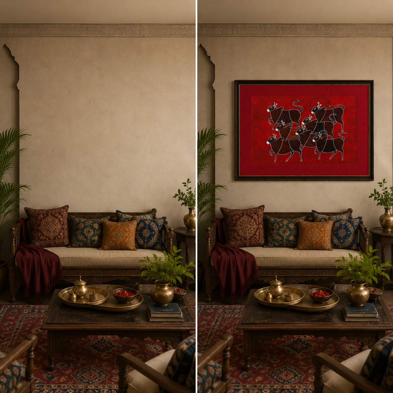 Tribal Cattle Folk Art Print on Canvas – Black Frame with Gold Liner & Red Mount, 28 × 40 in [OBJ260050]