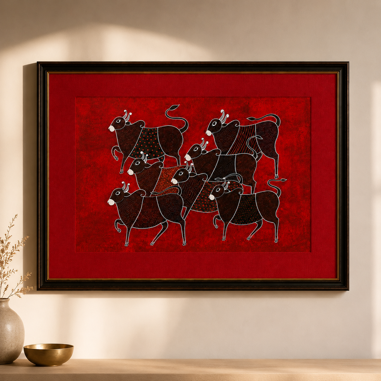 Tribal Cattle Folk Art Print on Canvas – Black Frame with Gold Liner & Red Mount, 28 × 40 in [OBJ260050]