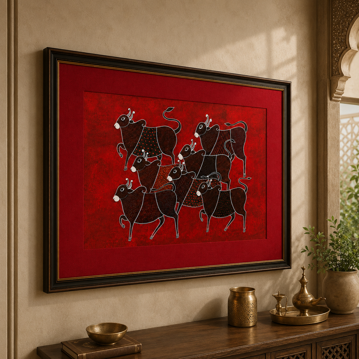 Tribal Cattle Folk Art Print on Canvas – Black Frame with Gold Liner & Red Mount, 28 × 40 in [OBJ260050]