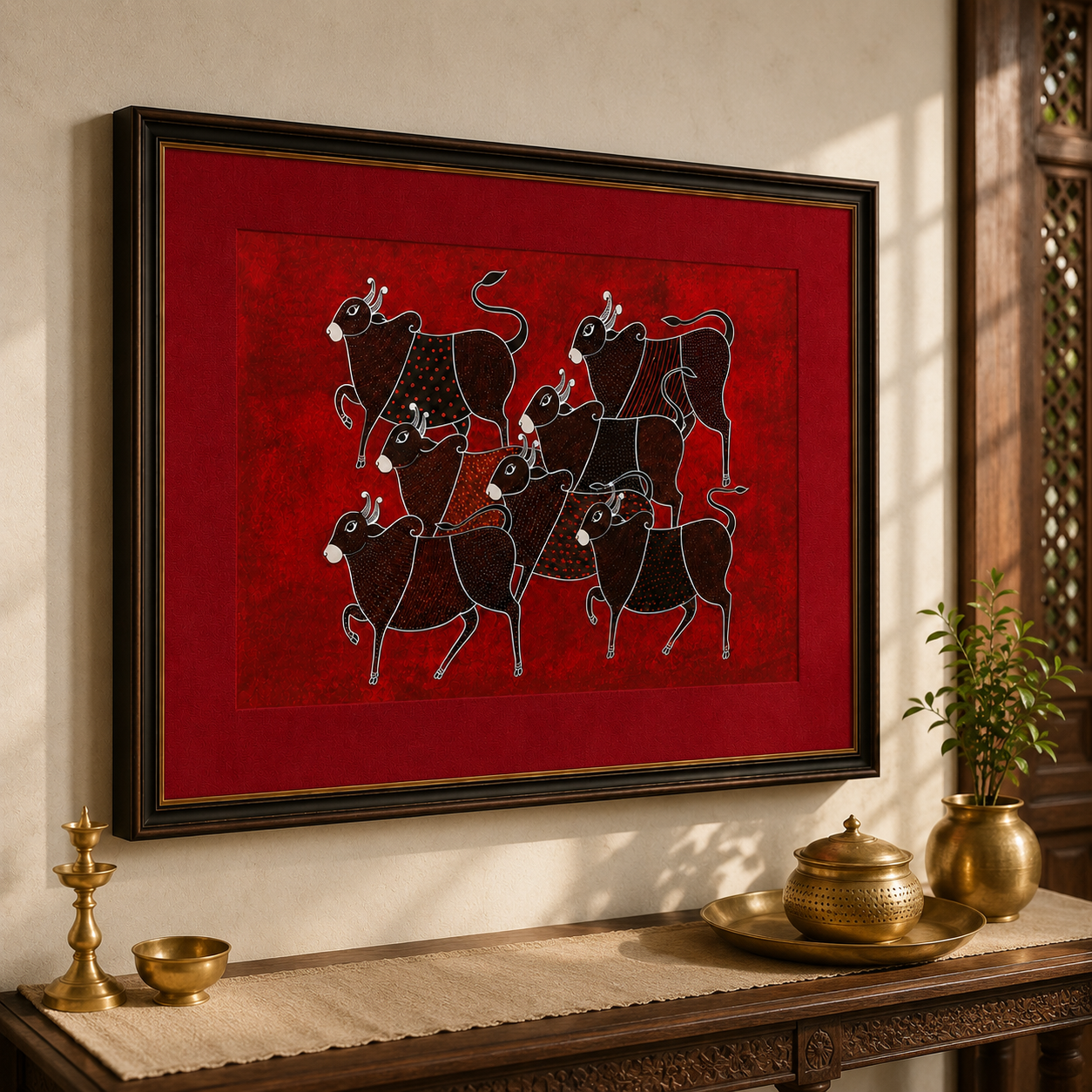 Tribal Cattle Folk Art Print on Canvas – Black Frame with Gold Liner & Red Mount, 28 × 40 in [OBJ260050]