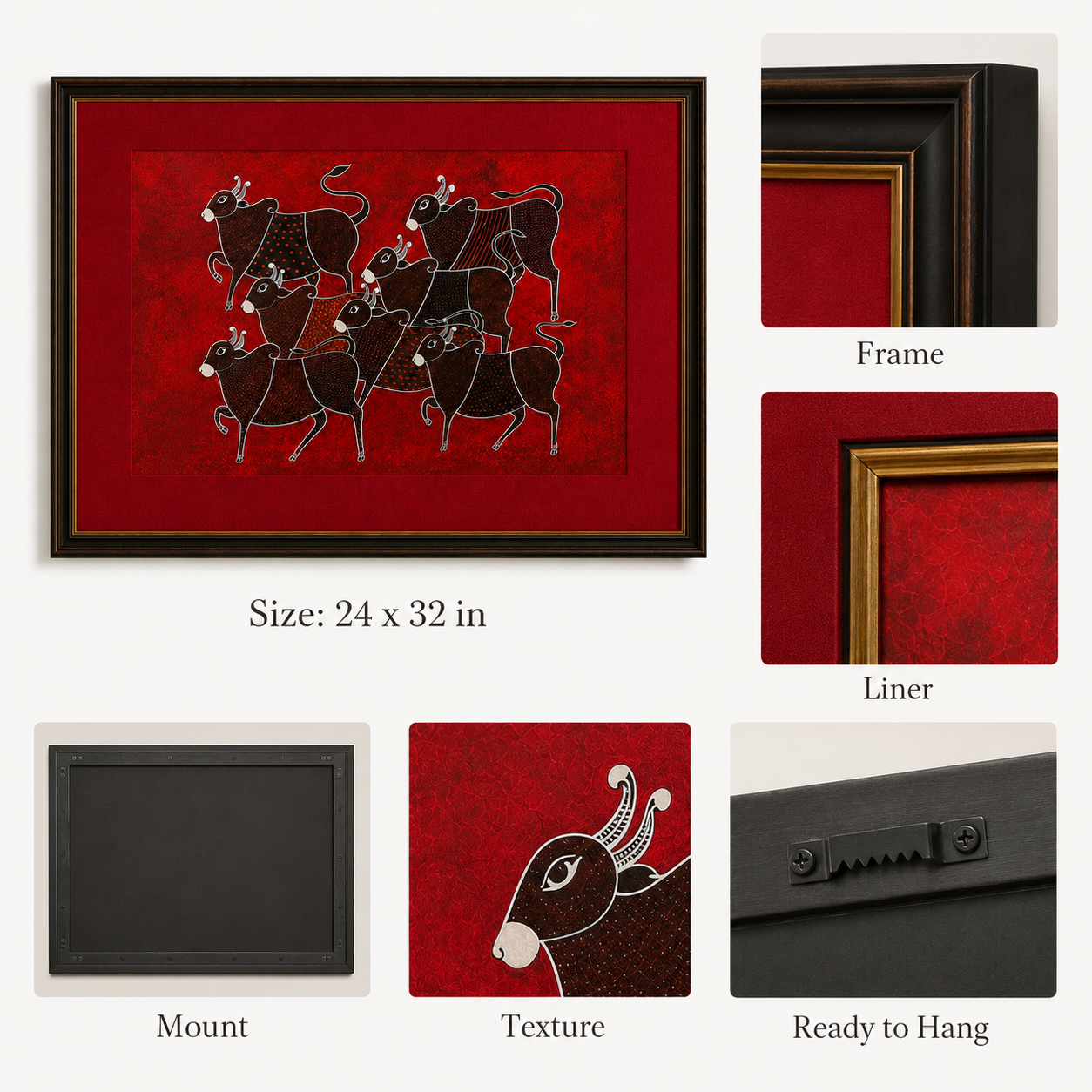 Tribal Cattle Folk Art Print on Canvas – Black Frame with Gold Liner & Red Mount, 28 × 40 in [OBJ260050]