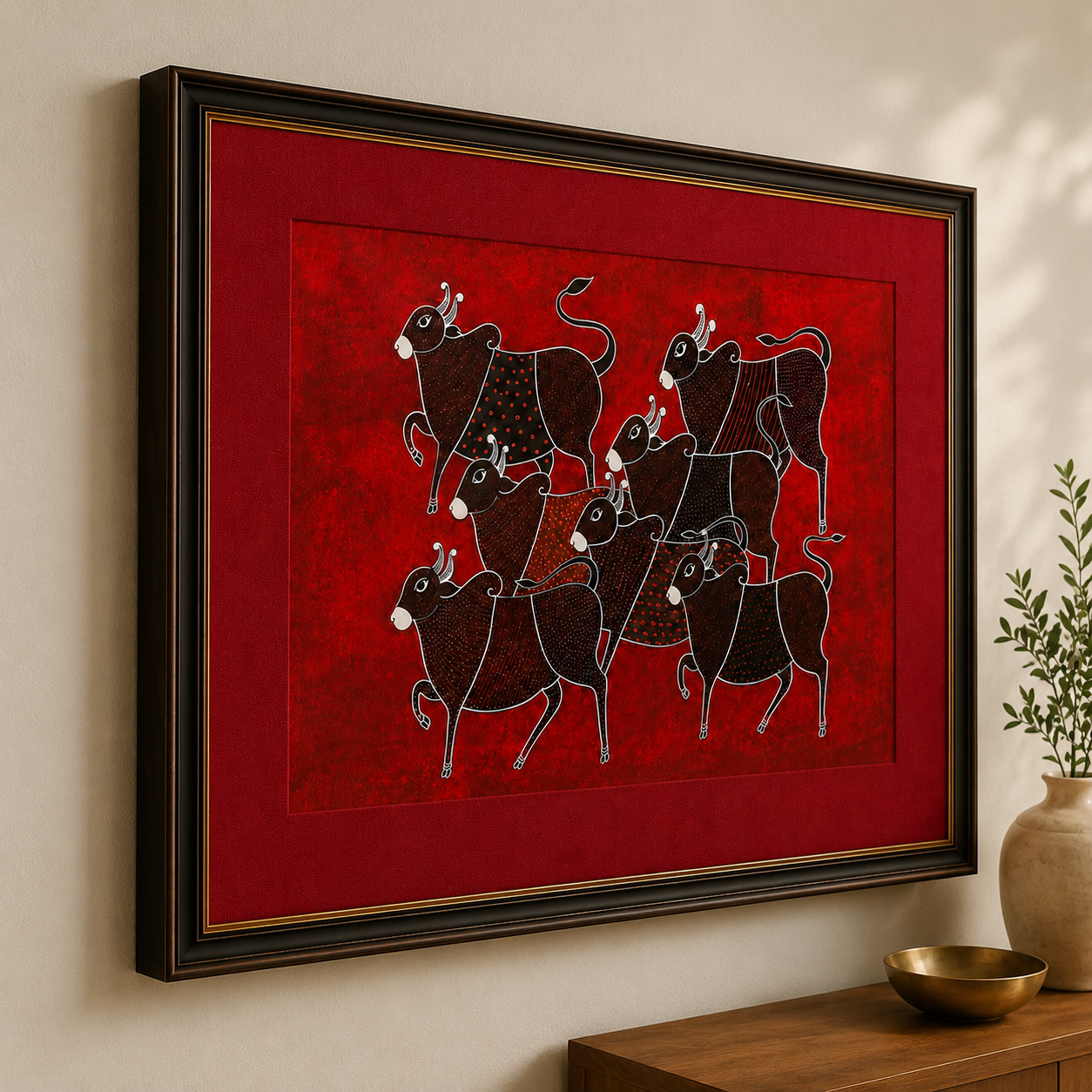 Tribal Cattle Folk Art Print on Canvas – Black Frame with Gold Liner & Red Mount, 28 × 40 in [OBJ260050]