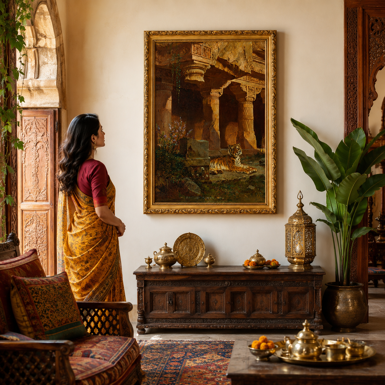 Tiger in Ancient Temple Art Print on Canvas – Ornate Gold Frame, 24 × 36 in [OBJ260049]