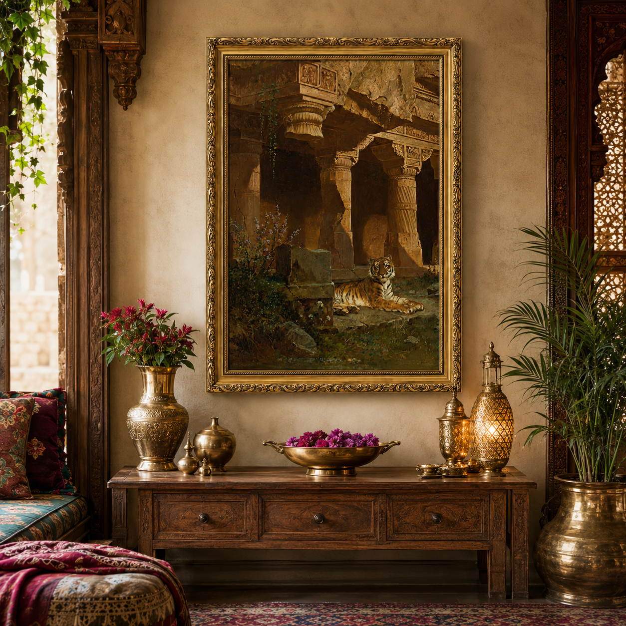 Tiger in Ancient Temple Art Print on Canvas – Ornate Gold Frame, 24 × 36 in [OBJ260049]