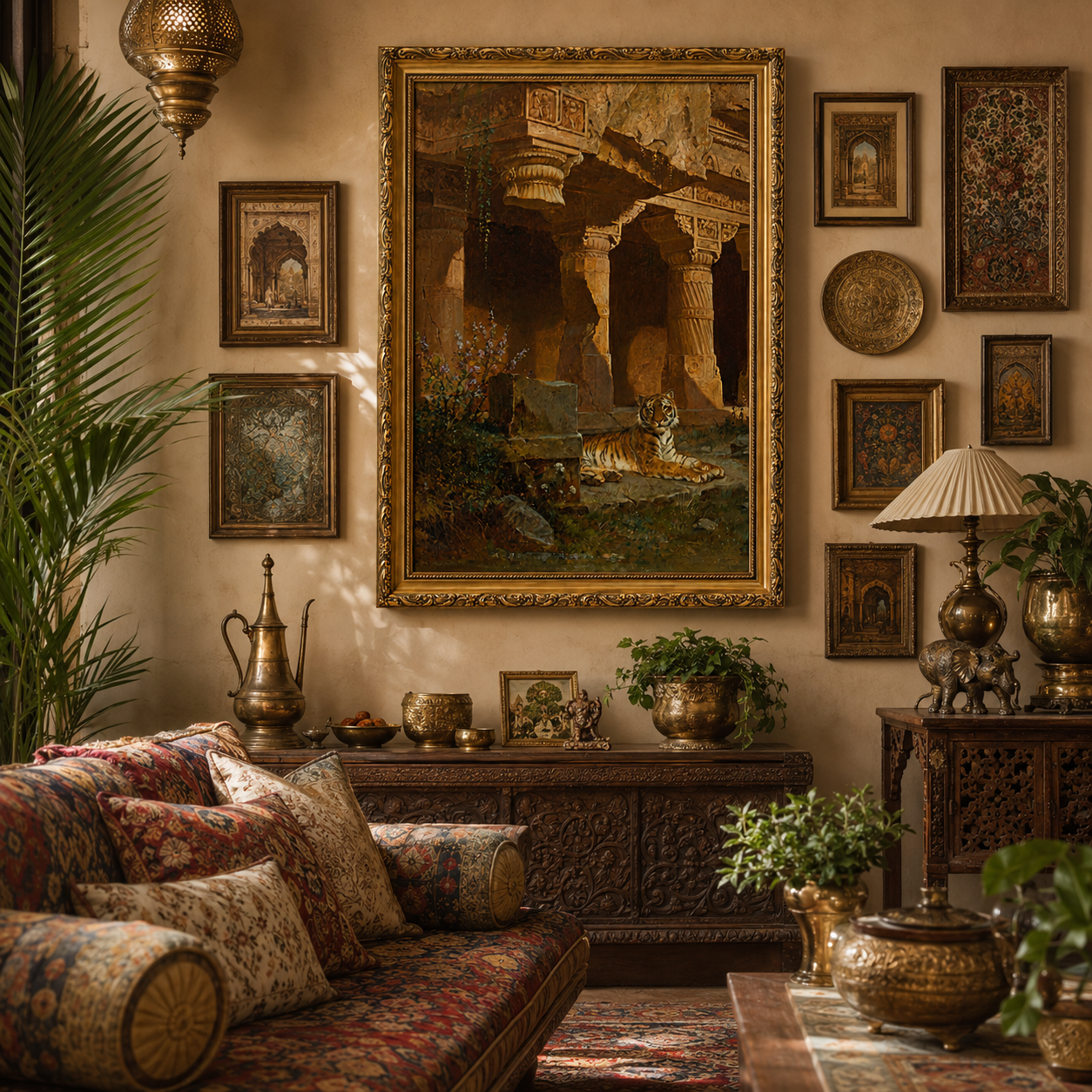Tiger in Ancient Temple Art Print on Canvas – Ornate Gold Frame, 24 × 36 in [OBJ260049]