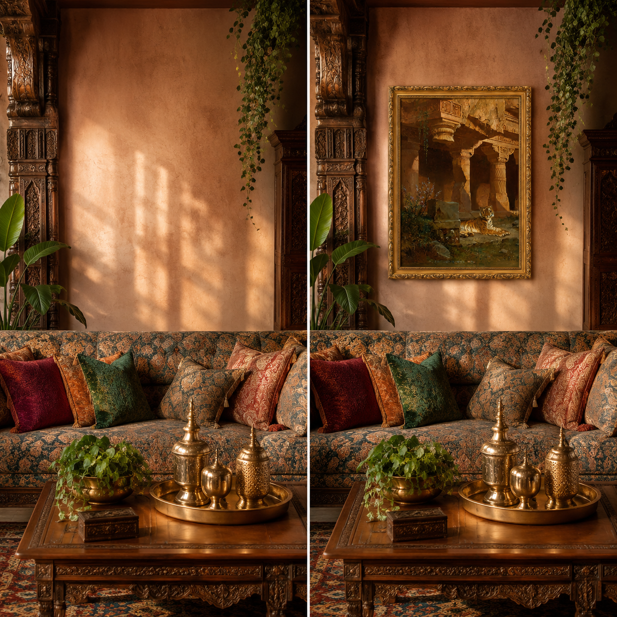 Tiger in Ancient Temple Art Print on Canvas – Ornate Gold Frame, 24 × 36 in [OBJ260049]