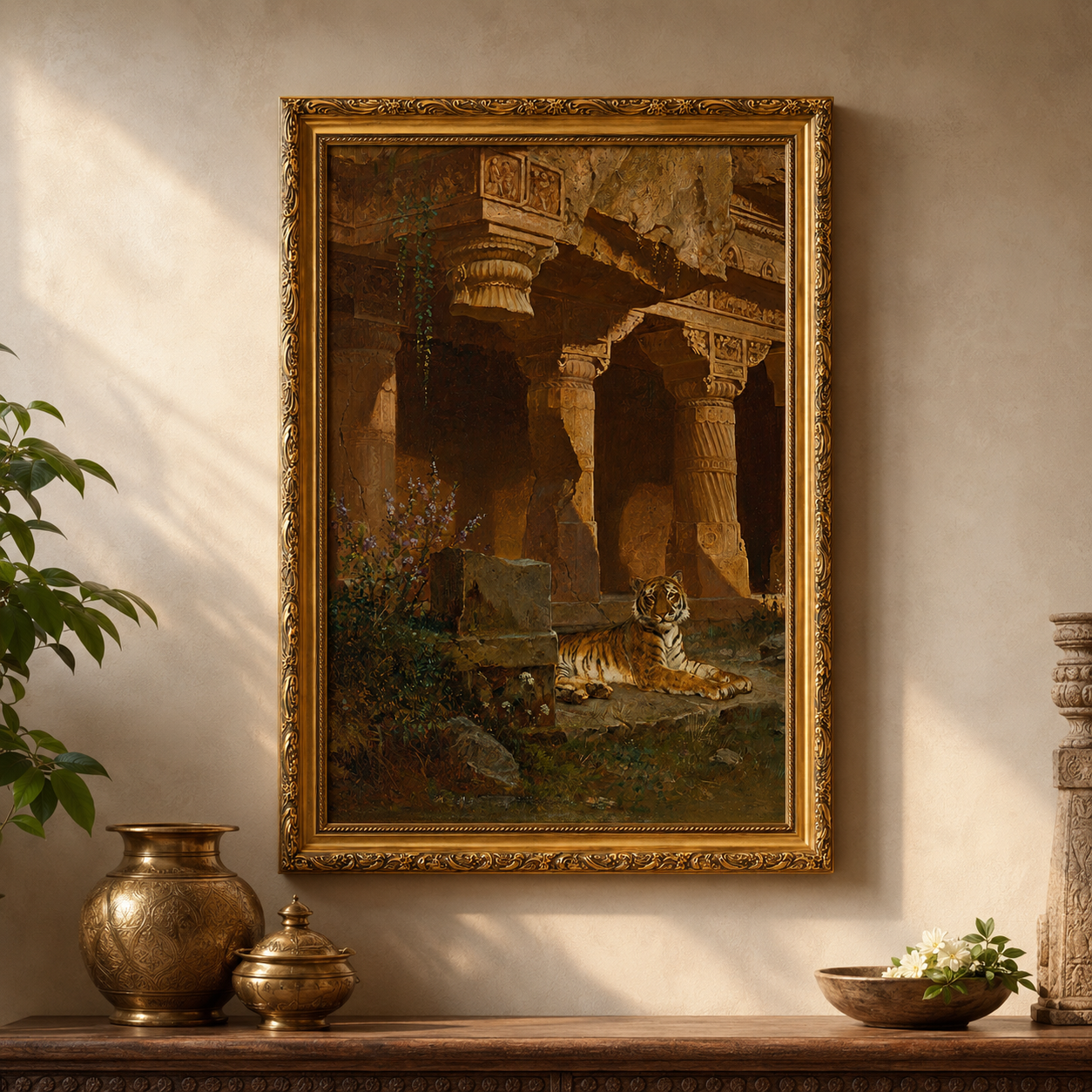Tiger in Ancient Temple Art Print on Canvas – Ornate Gold Frame, 24 × 36 in [OBJ260049]