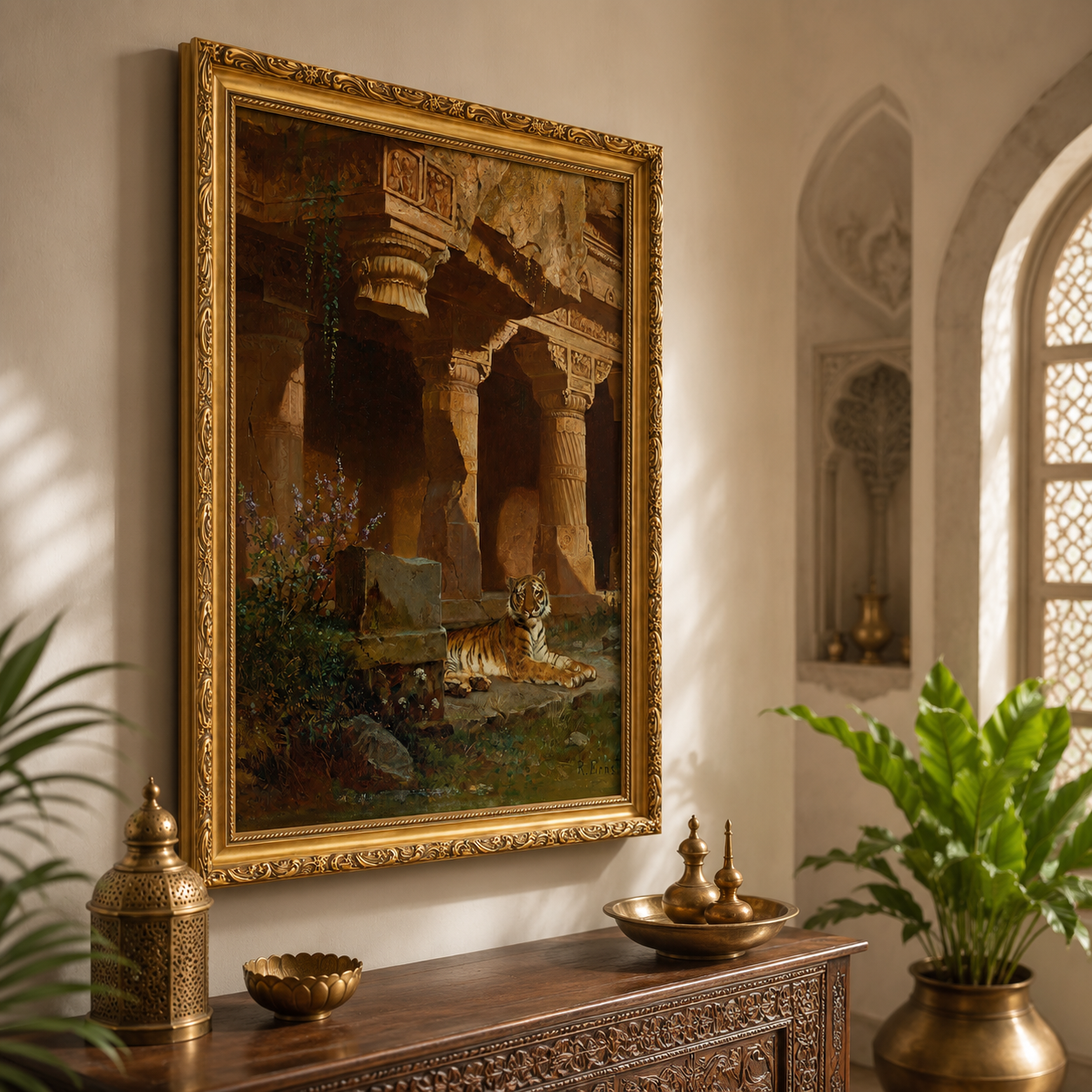 Tiger in Ancient Temple Art Print on Canvas – Ornate Gold Frame, 24 × 36 in [OBJ260049]