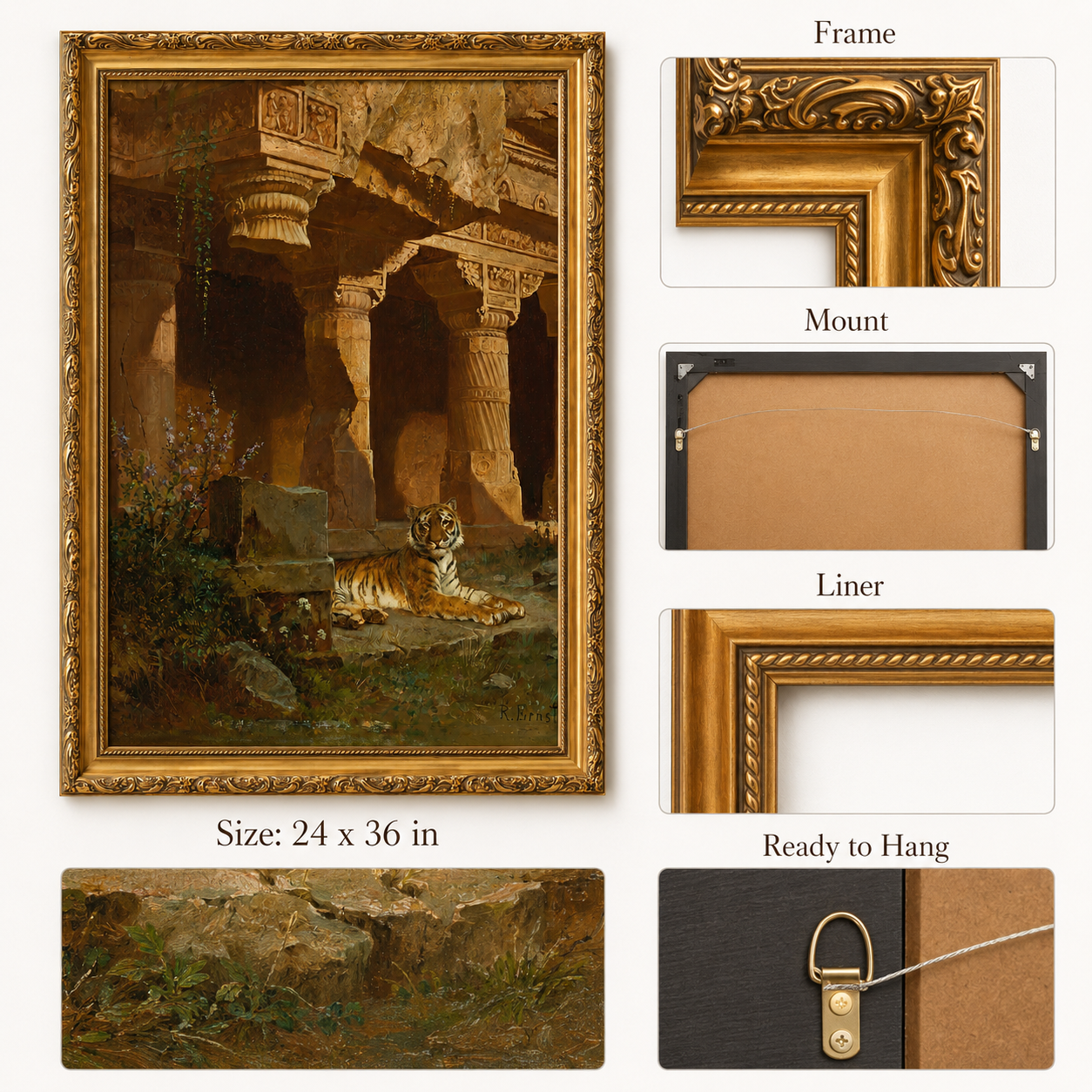 Tiger in Ancient Temple Art Print on Canvas – Ornate Gold Frame, 24 × 36 in [OBJ260049]