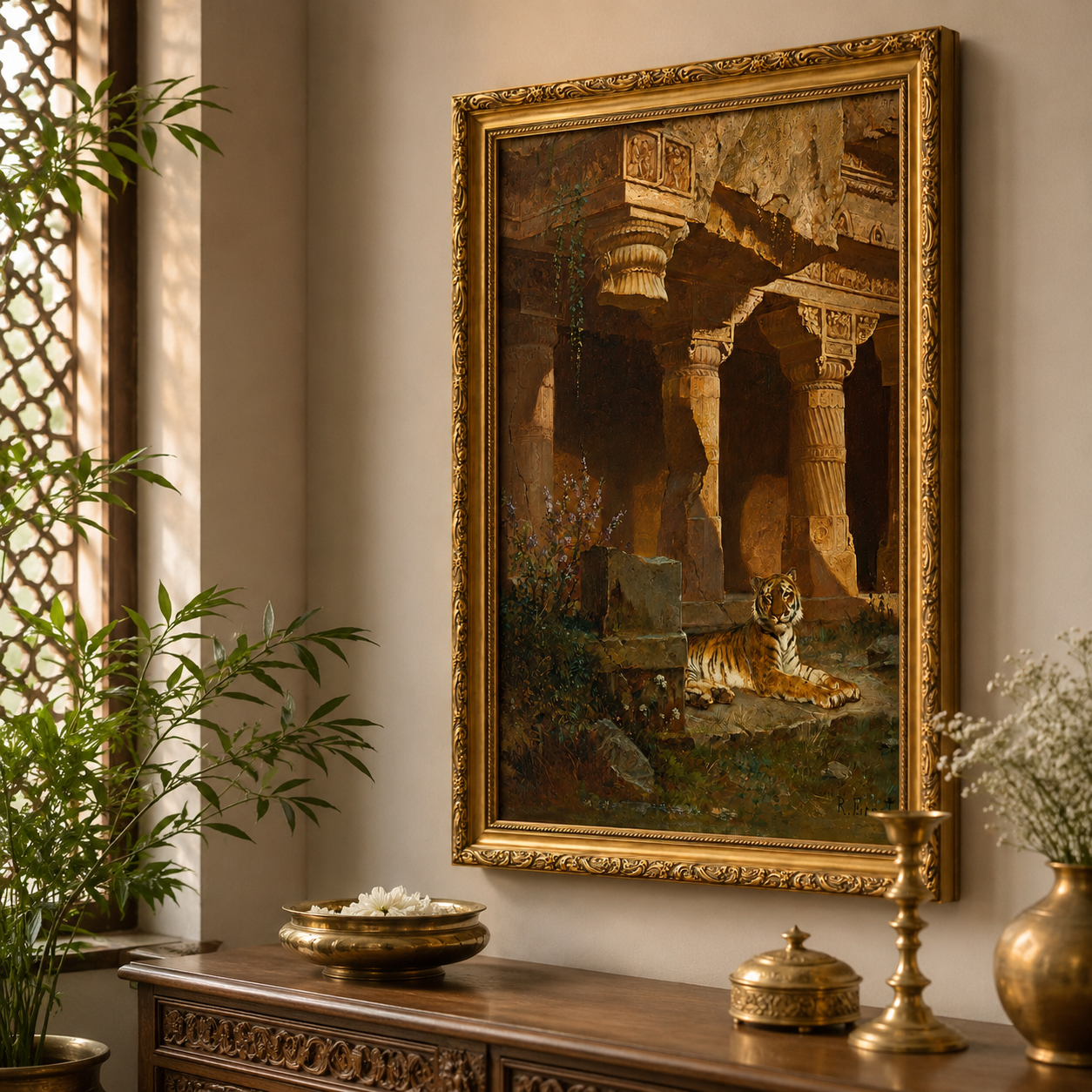 Tiger in Ancient Temple Art Print on Canvas – Ornate Gold Frame, 24 × 36 in [OBJ260049]