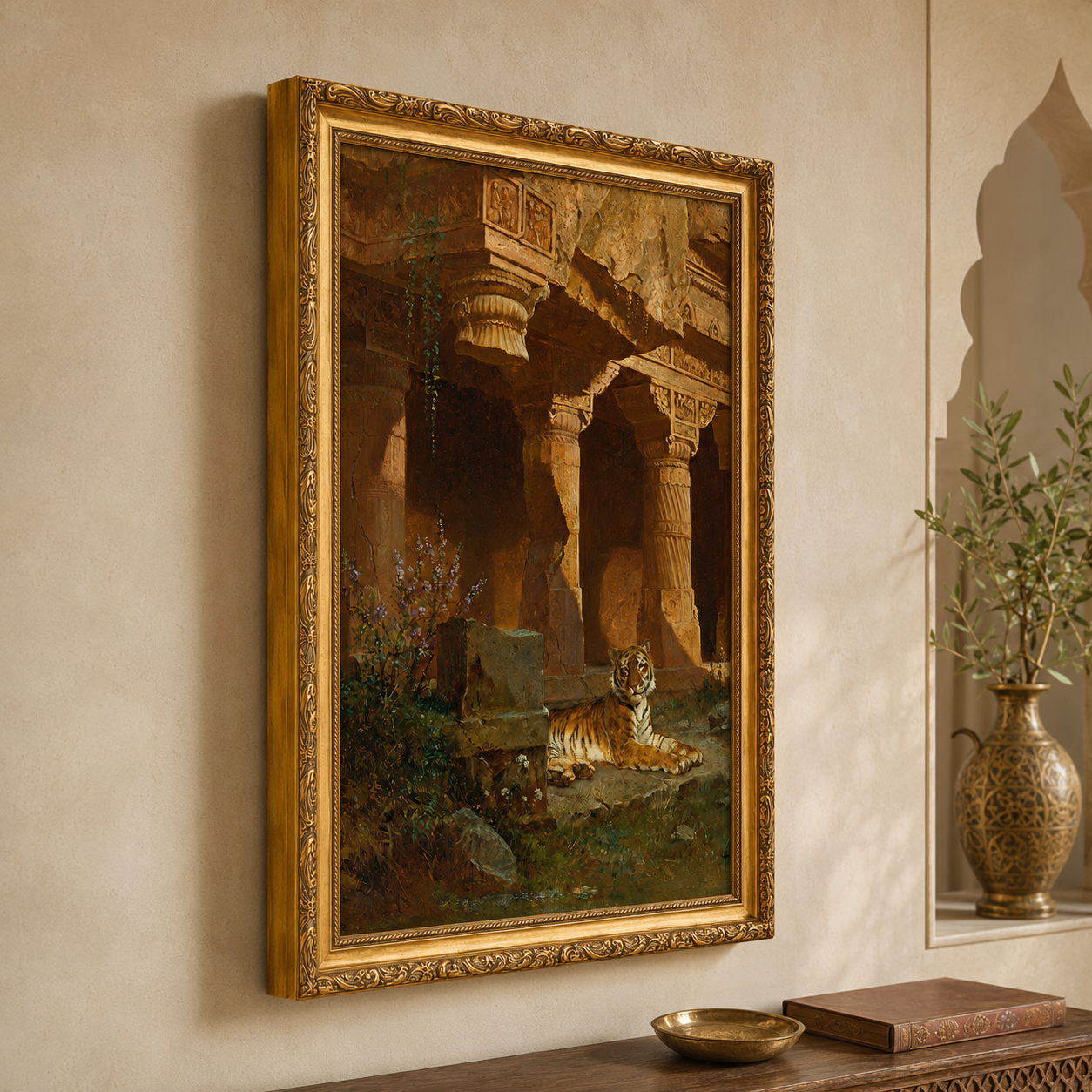 Tiger in Ancient Temple Art Print on Canvas – Ornate Gold Frame, 24 × 36 in [OBJ260049]