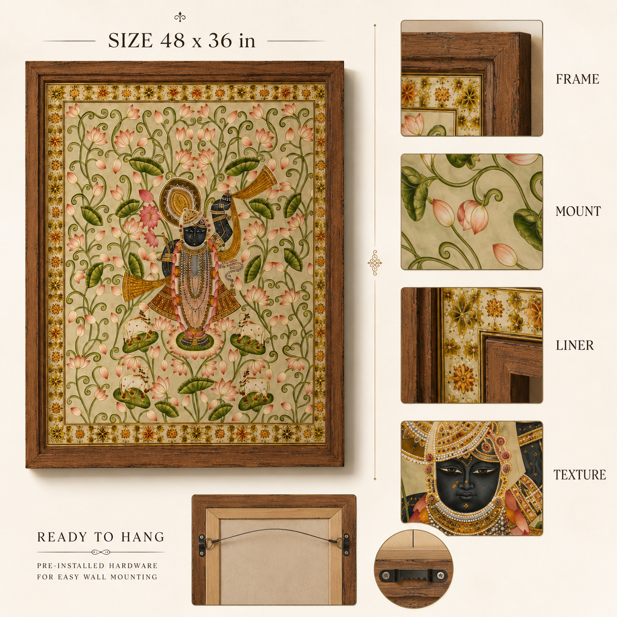 Sri Nath Ji Bhagwan Art Print on Canvas – Rustic Wooden Frame (Teak), 48 × 36 in [OBJ260051]