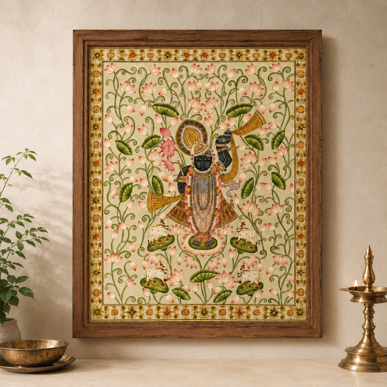 Sri Nath Ji Bhagwan Art Print on Canvas – Rustic Wooden Frame (Teak), 48 × 36 in [OBJ260051]